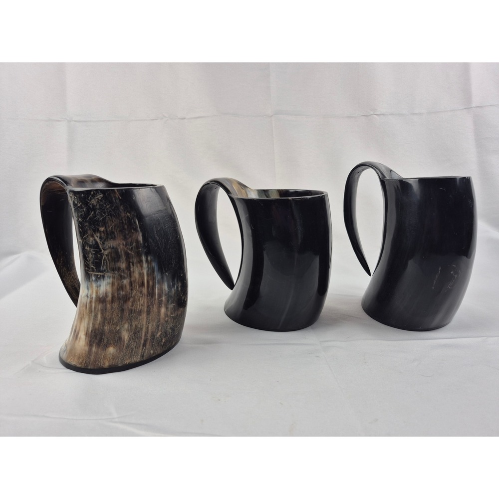 Set of 3 Viking Drinking Horn Mugs Handcrafted Ox Horn Tankards Medieval Decor